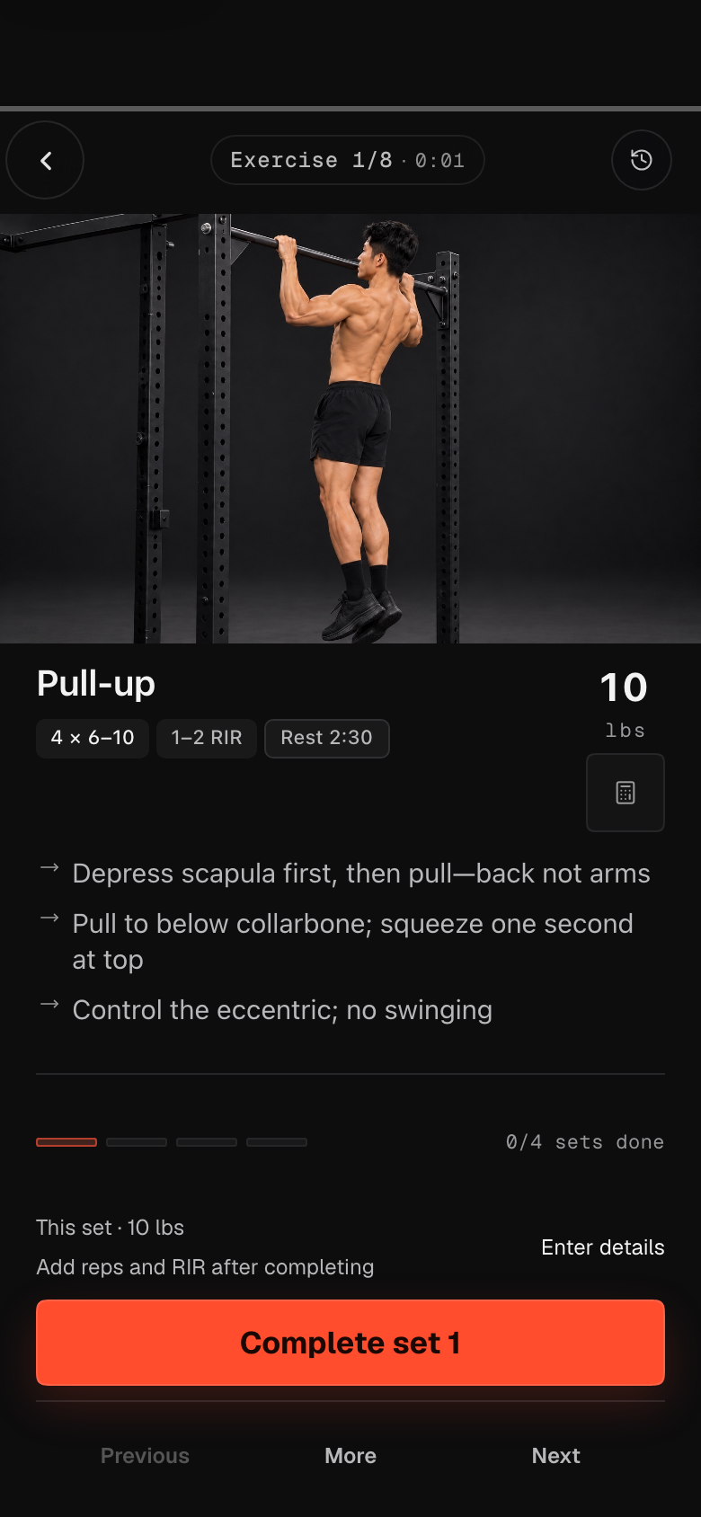 Focus logging: current exercise, target sets and reps, Complete set button (sample data)