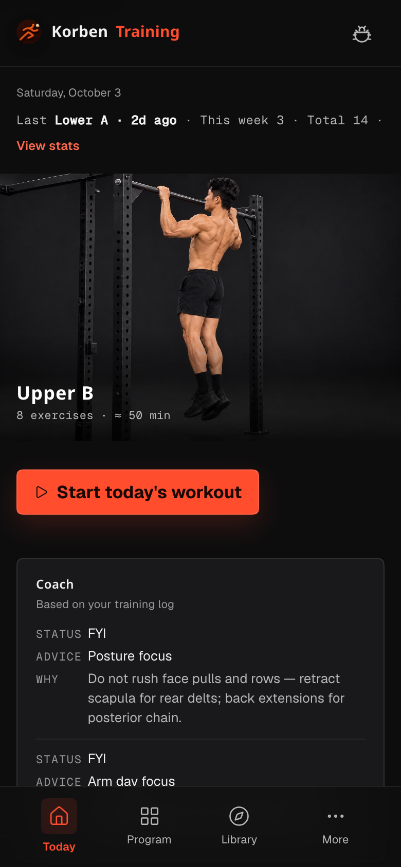 Today screen: suggested training day, estimated time and exercise list (sample data)